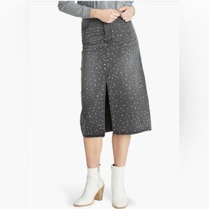 DRIFTWOOD Charcoal Gray Denim Pencil Skirt with White Dot Print